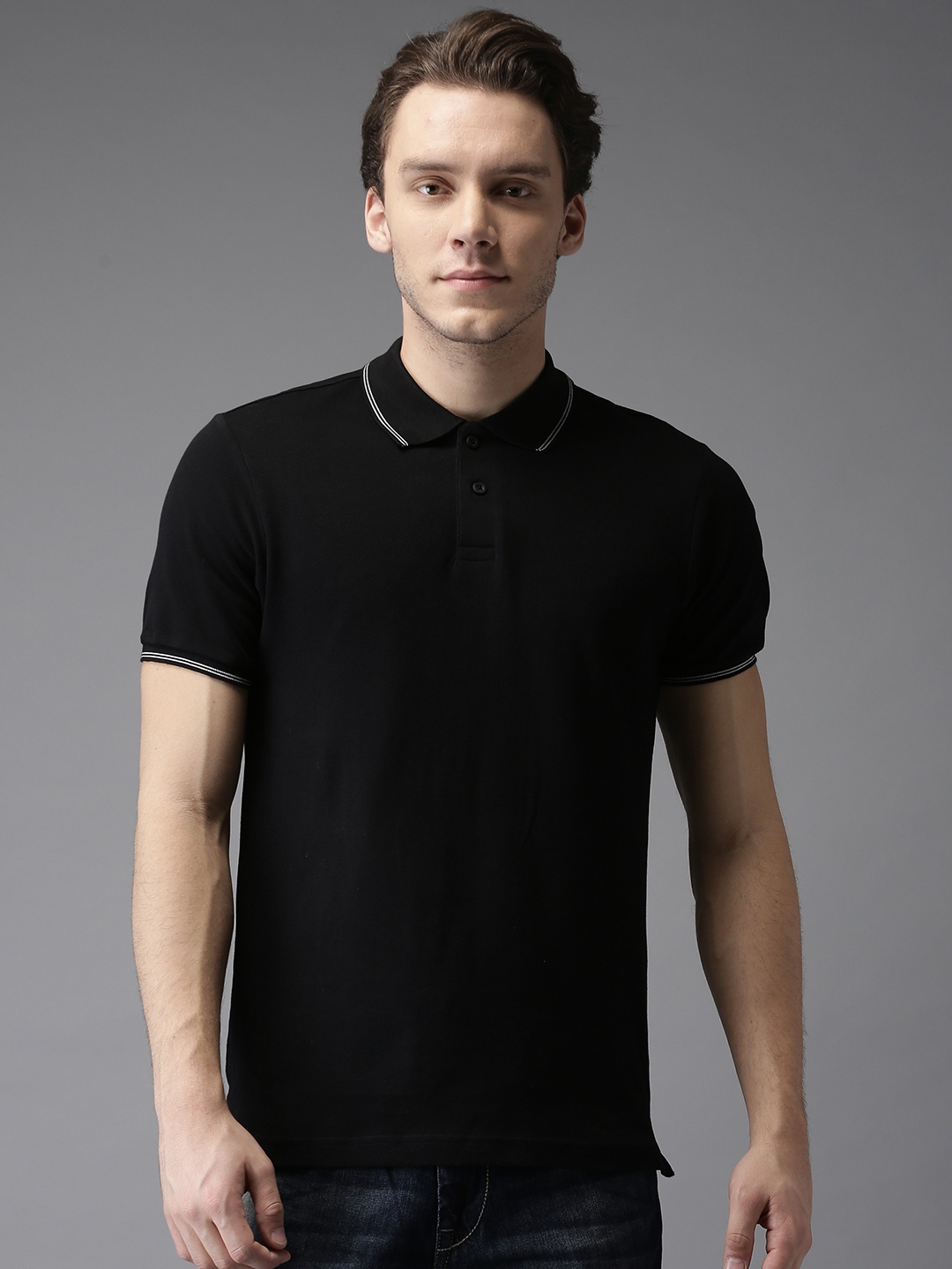 

HERE&NOW Men Black Solid Polo Collar T-shirt