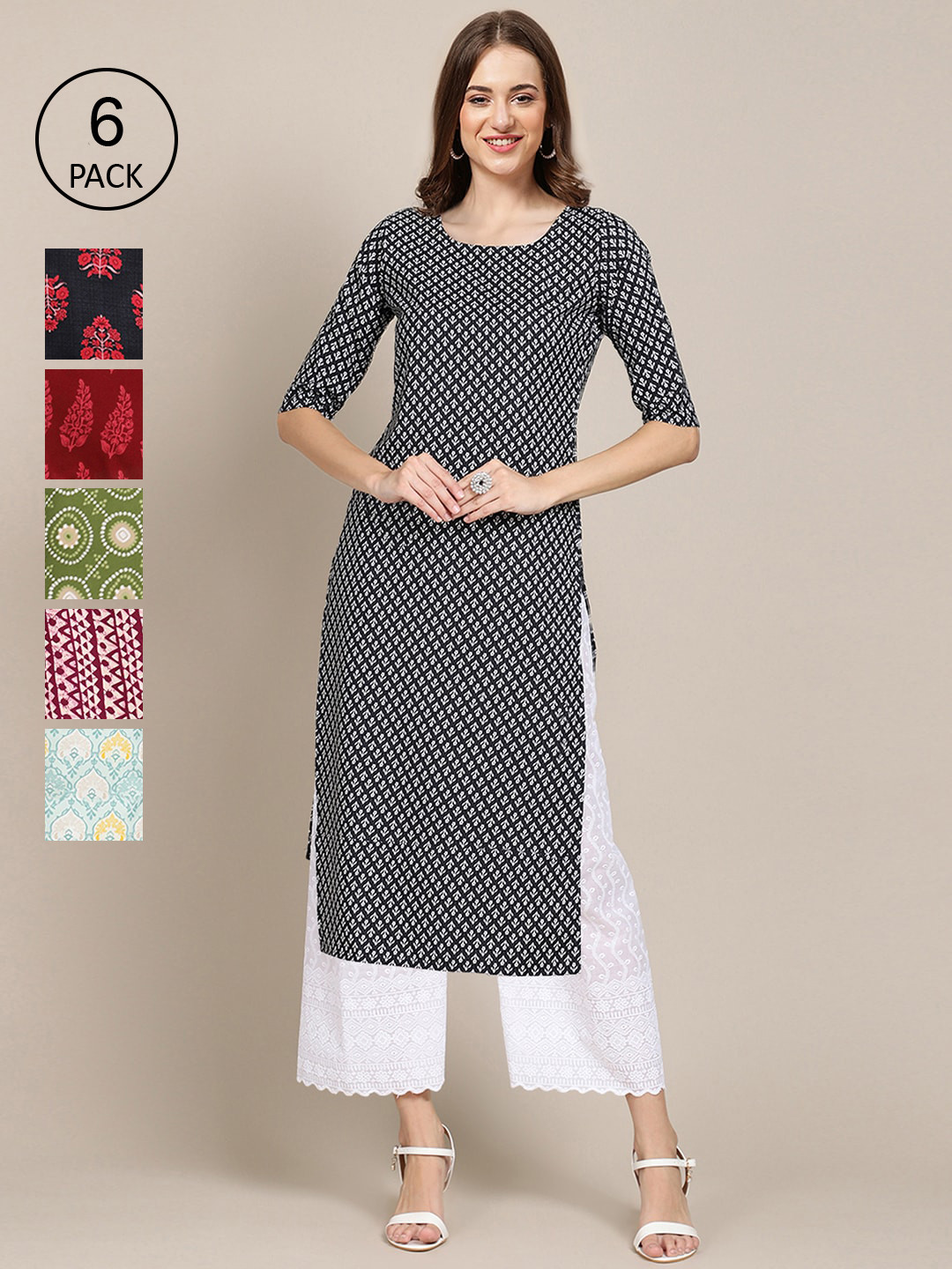 

Ethnic basket Women Pack Of 6 Summer Sheers Crepe Kurta, Black