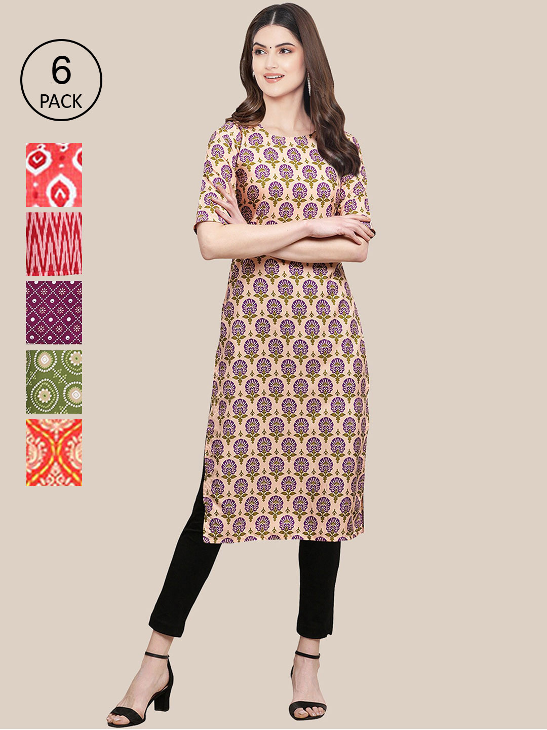 

Ethnic basket Women Pack Of 6 Ethnic Motifs Crepe Kurta, Green