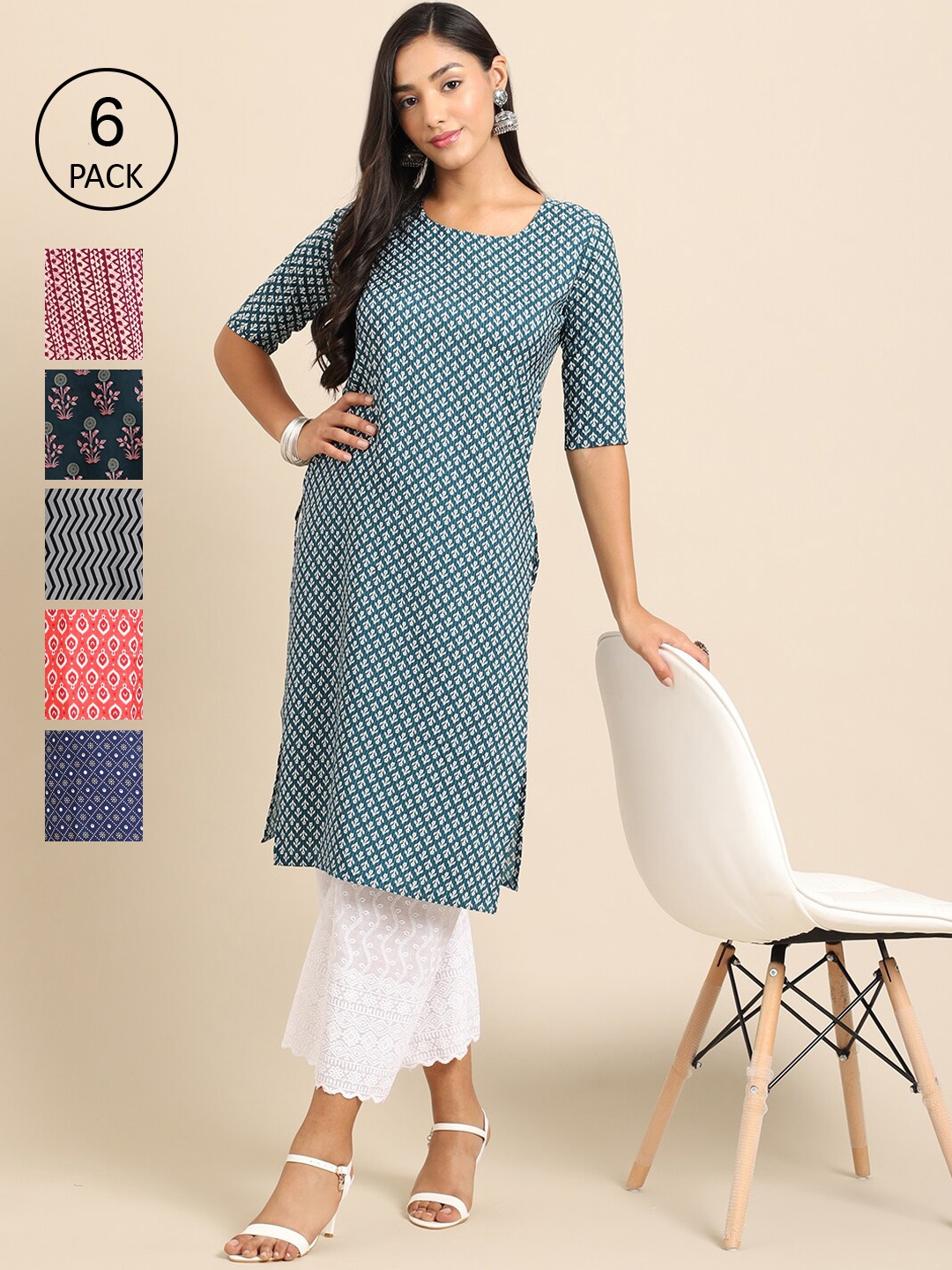 Ethnic basket Women Set Of 6 Blue & Pink Floral Printed Crepe Kurta