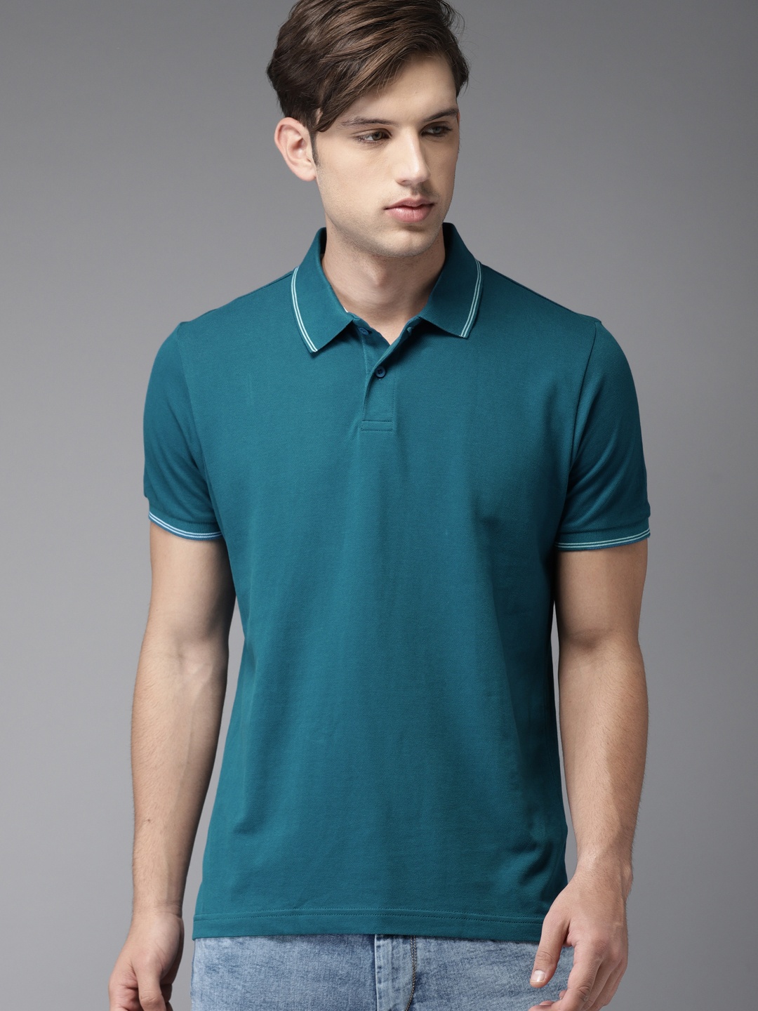 

HERENOW Men Teal Blue Solid Polo Pure Cotton T-shirt