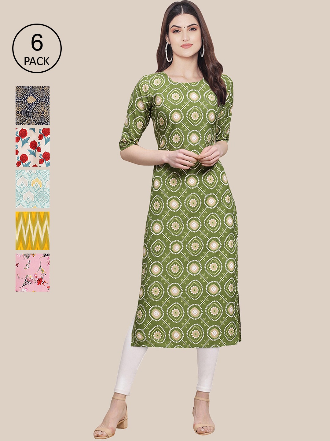 

Ethnic basket Women Pack of 6 Printed Summer Sheers Crepe Kurta, Yellow