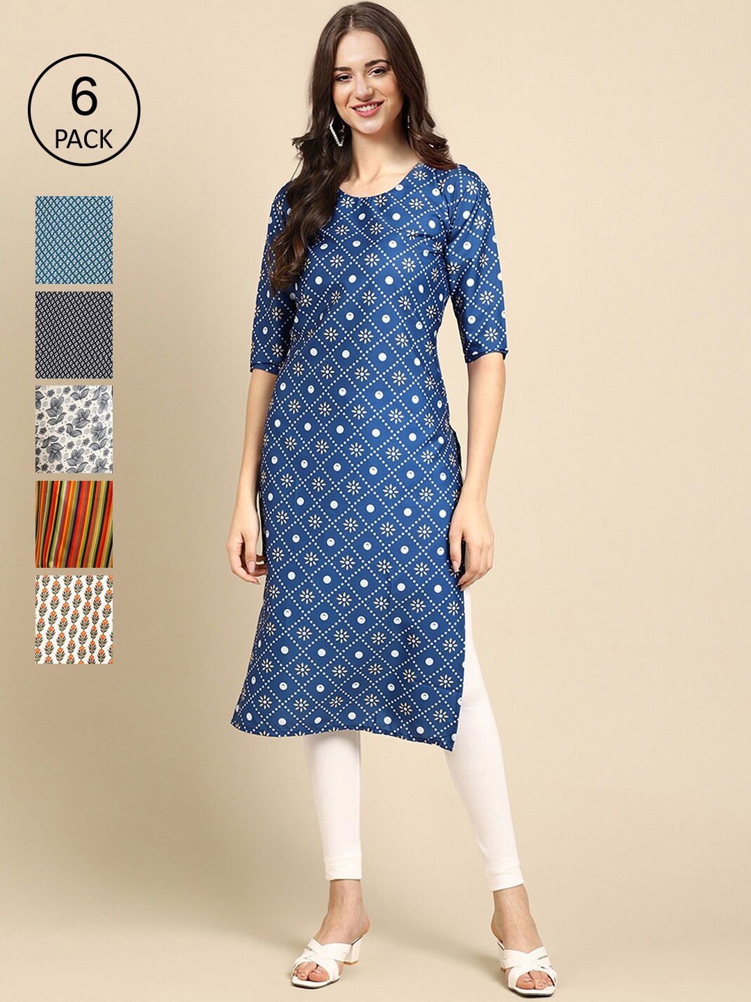 

Ethnic basket Women Pack Of 6 Blue & Turquoise Blue Printed Crepe Kurta