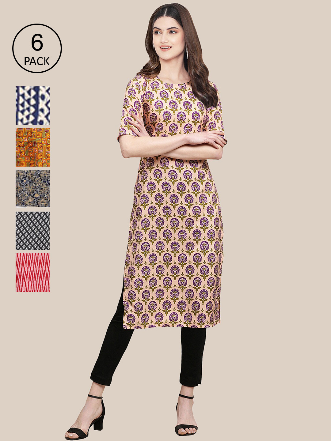 

Ethnic basket Women Pack of 6 Ethnic Motifs Printed Crepe Kurta, Multi