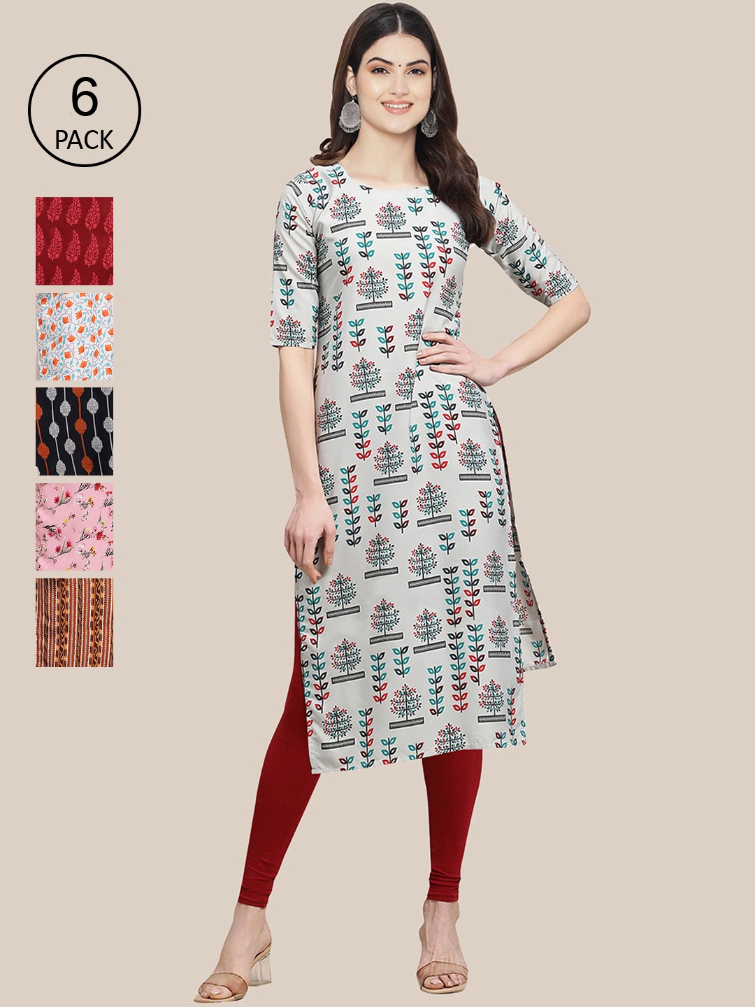 

Ethnic basket Women Pack of 6 Digital Printed Crepe Straight Kurtas, Red