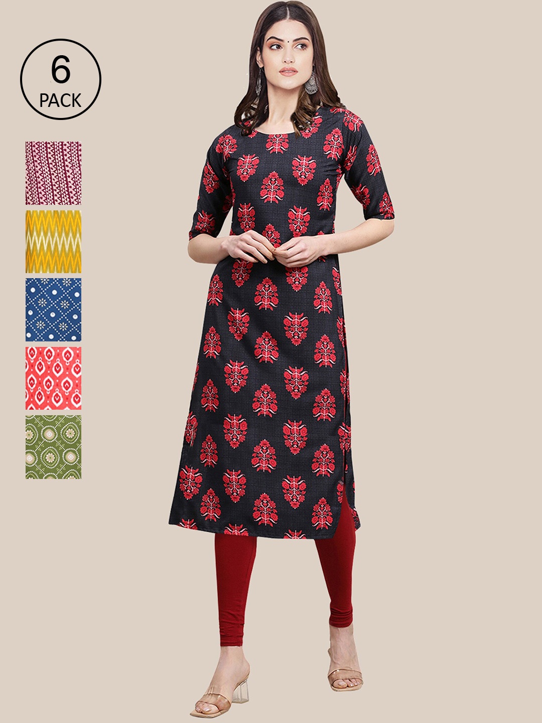 

Ethnic basket Women Multicoloured Pack of 6 Ethnic Motifs Printed Crepe Kurta, Multi