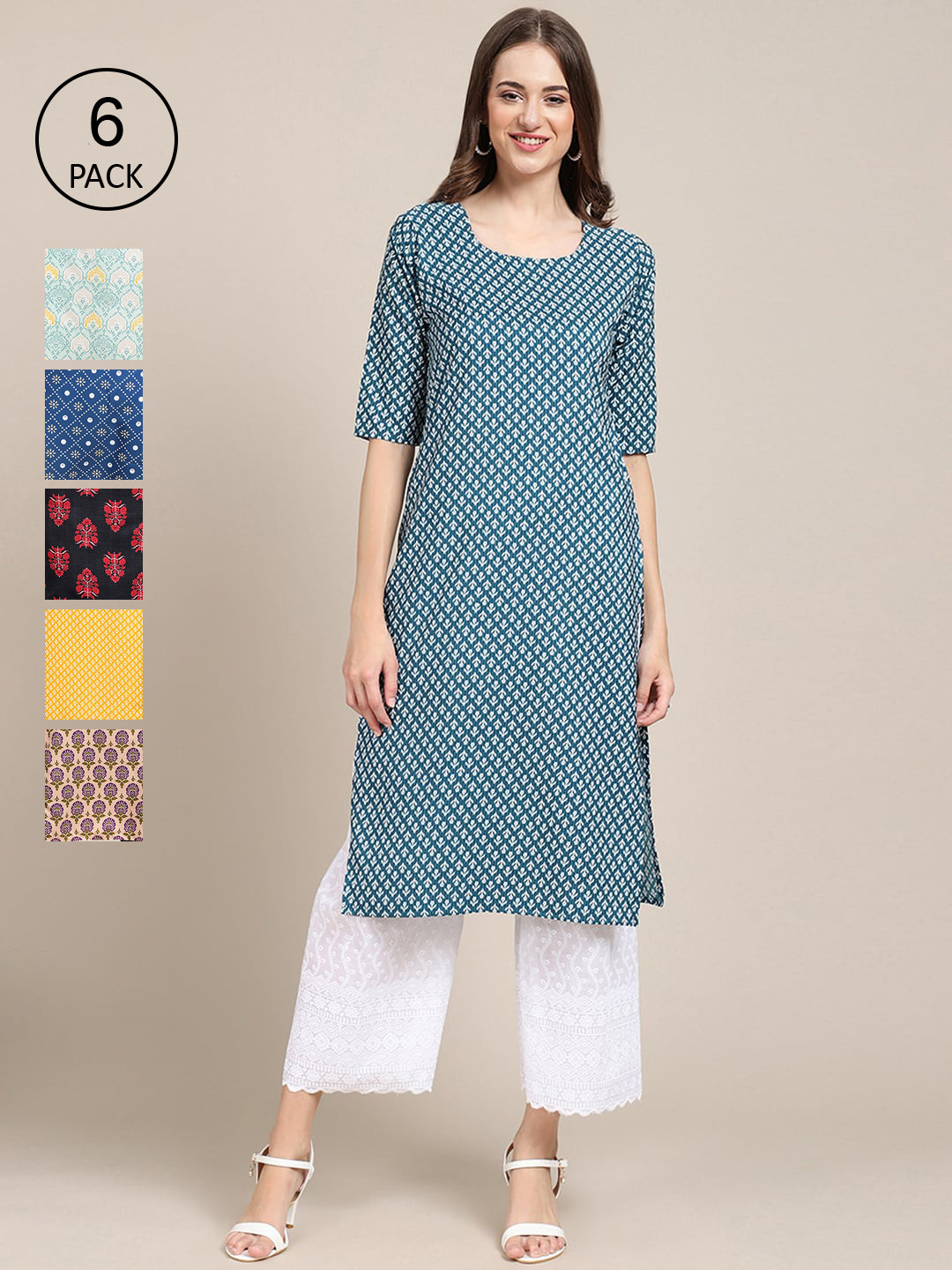 

Ethnic basket Women Pack Of 6 Printed Summer Sheers Crepe Kurta, Blue