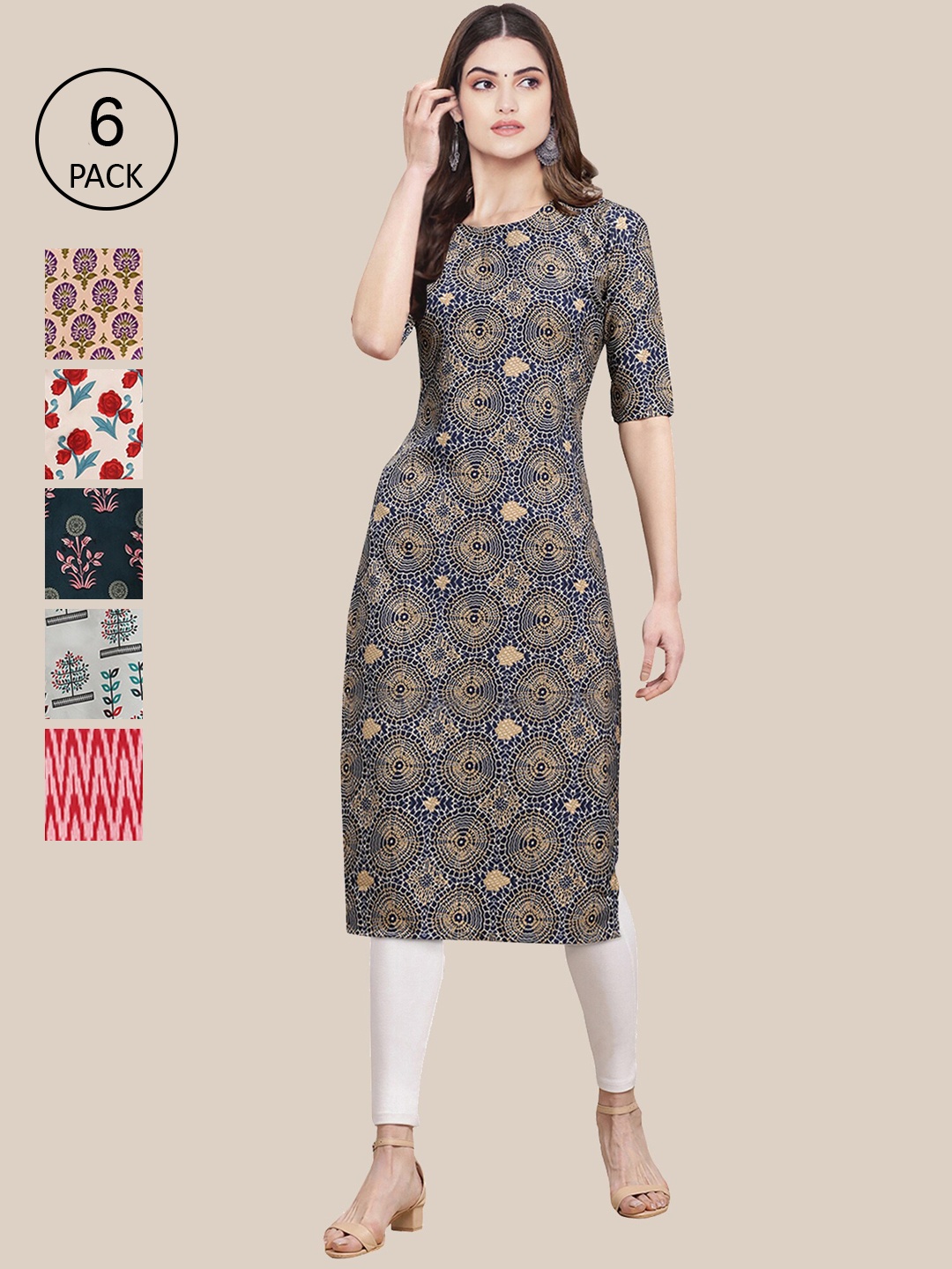 

Ethnic basket Women Pack of 6 Printed Summer Sheers Crepe Kurta, Blue
