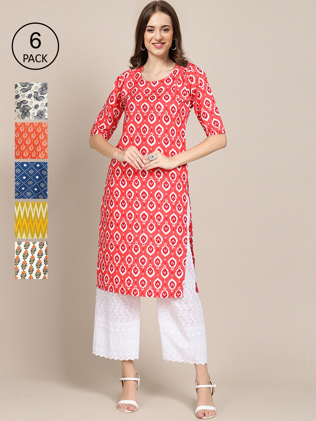

Ethnic basket Women Pack Of 6 Ethnic Motifs Printed Thread Work Summer Sheers Kurta, Multi
