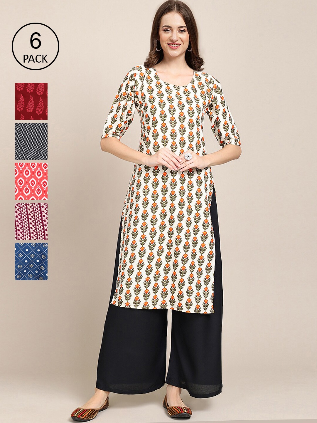 

Ethnic basket Women Green & Red Pack of 6 Geometric Printed Crepe Kurtas