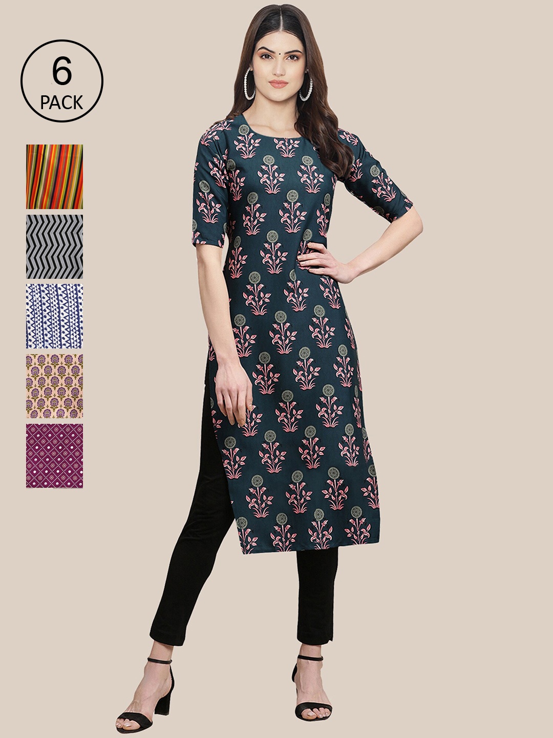 

Ethnic basket Women Pack of 6 Women Printed Straight Crepe Kurta, Multi