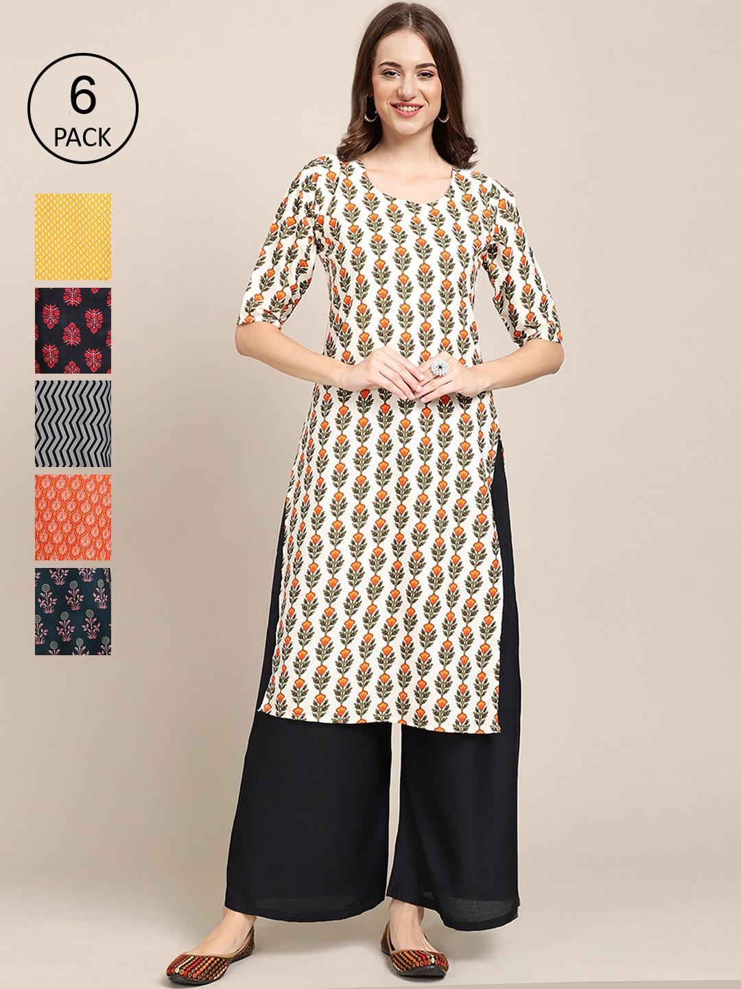 Ethnic basket Women Pack Of 6 Ethnic Motifs Printed Crepe Kurta, Multi