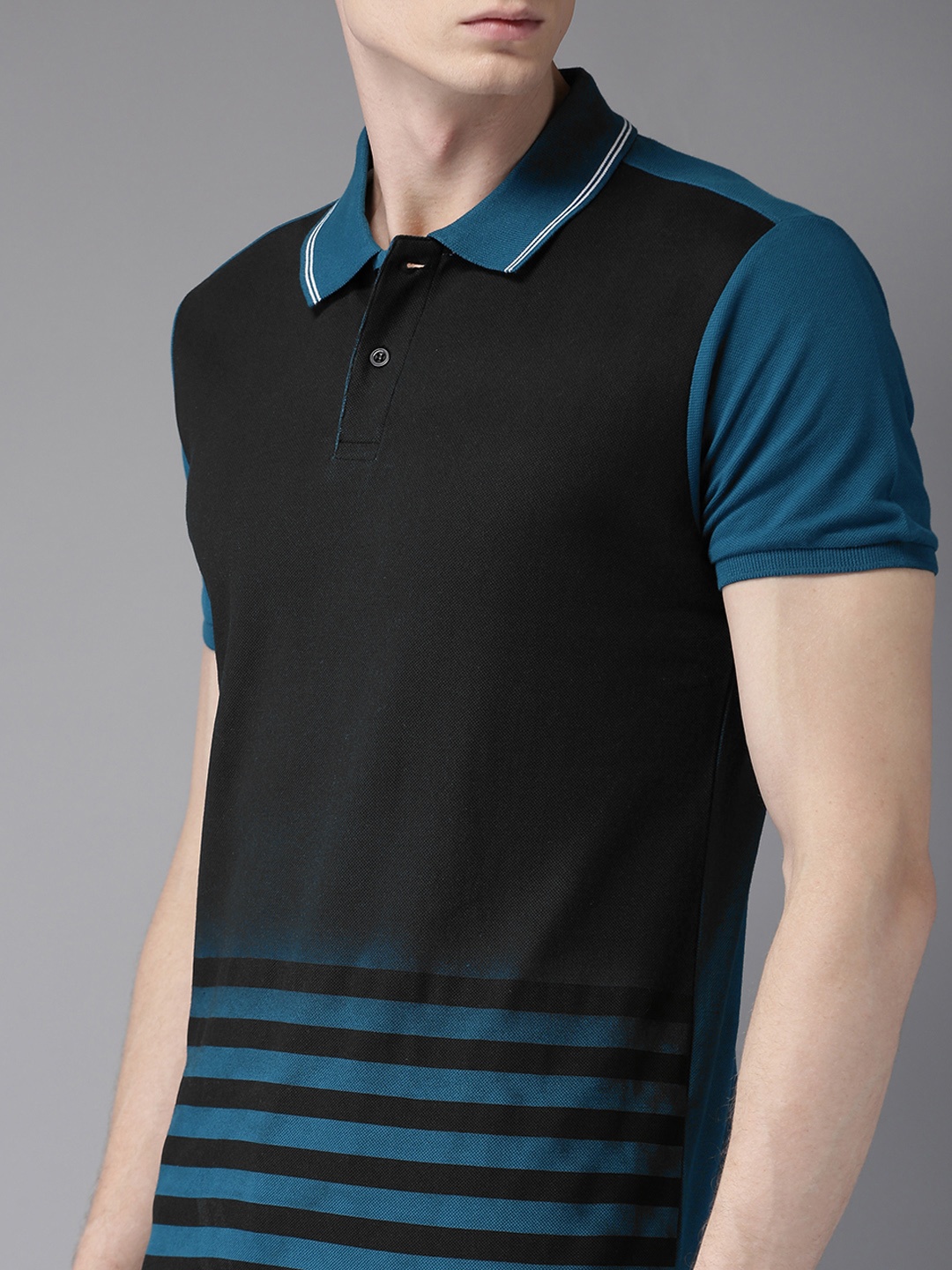 

HERE&NOW Men Teal Blue Striped Polo Collar T-shirt