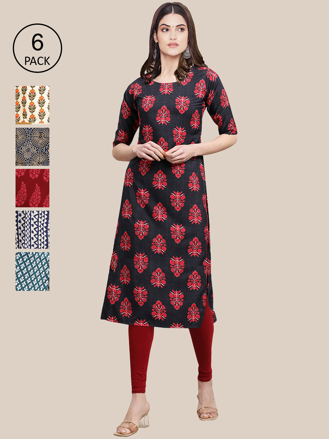 

Ethnic basket Women Pack of 6 Digital Printed Crepe Straight Kurtas, Black