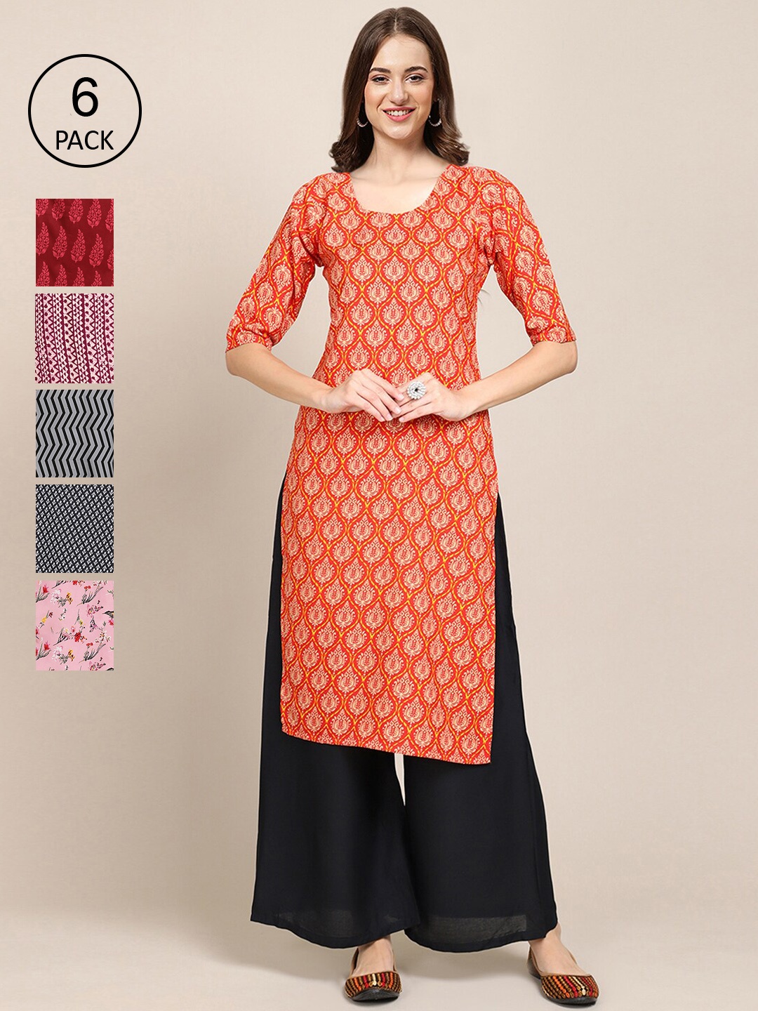 

Ethnic basket Women Pack Of 6 Summer Sheers Crepe Kurta, Orange