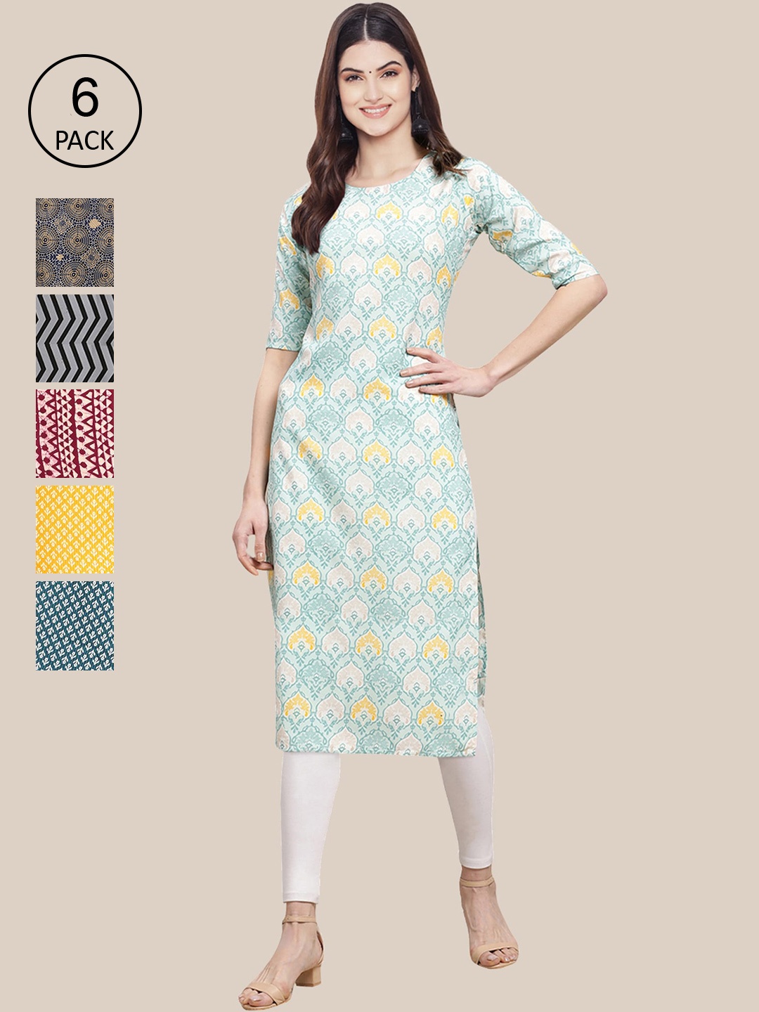 

Ethnic basket Women Pack of 6 Printed Summer Sheers Crepe Kurta, Grey