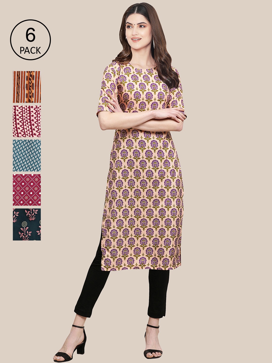 

Ethnic basket Women Brown & Pink Pack Of 6 Geometric Printed Summer Sheers Crepe Kurta