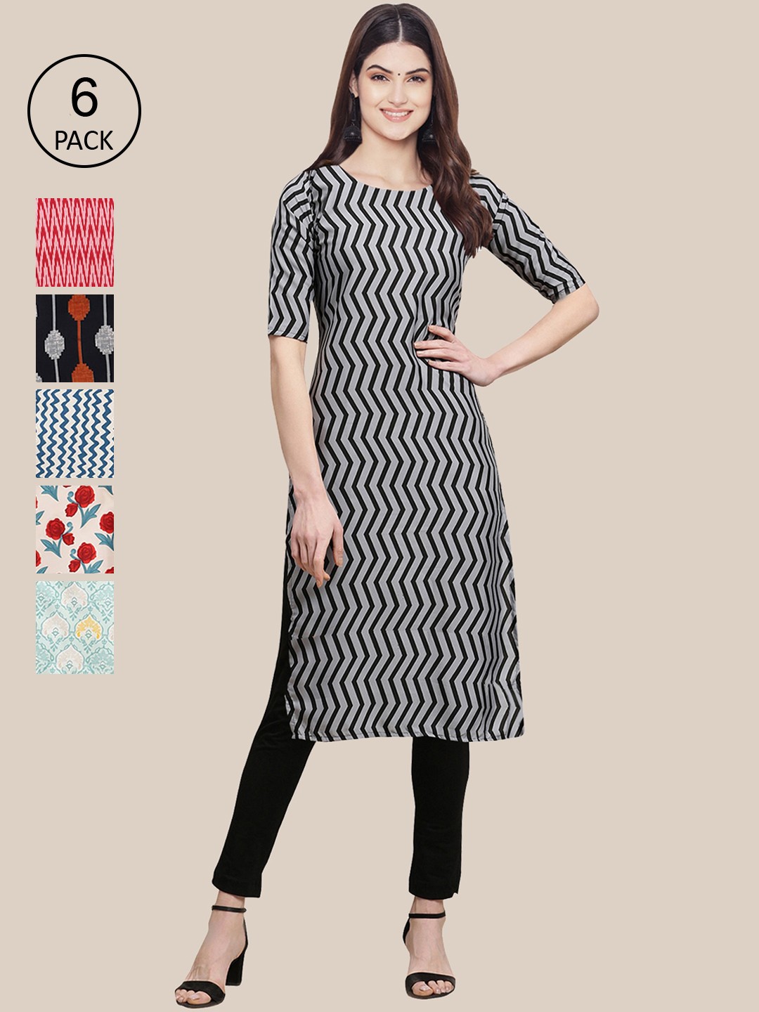 

Ethnic basket Women Pack of 6 Printed Crepe Kurtas, Multi