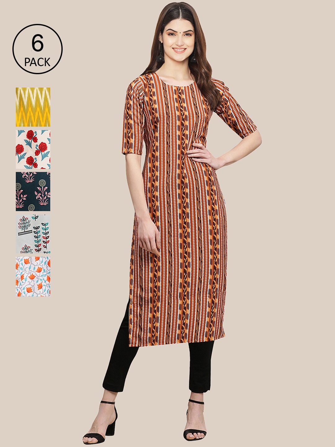 

Ethnic basket Women Pack of 6 Geometric Printed Crepe Kurta, Brown