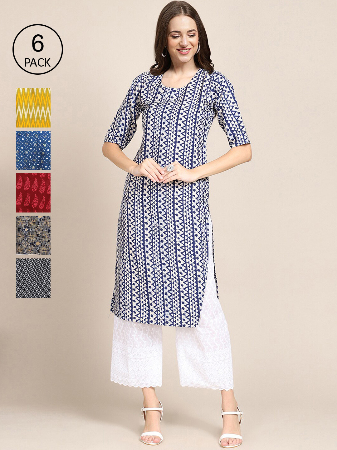 

Ethnic basket Women Pack Of 6 Printed Crepe Kurta, Multi
