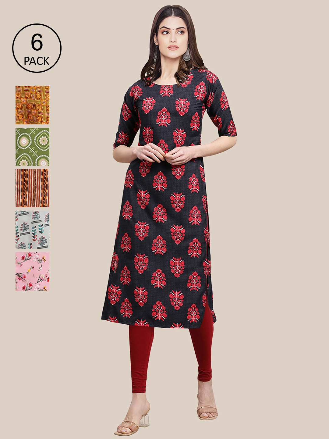 

Ethnic basket Women Pack of 6 Digital Printed Crepe Straight Kurtas, Red
