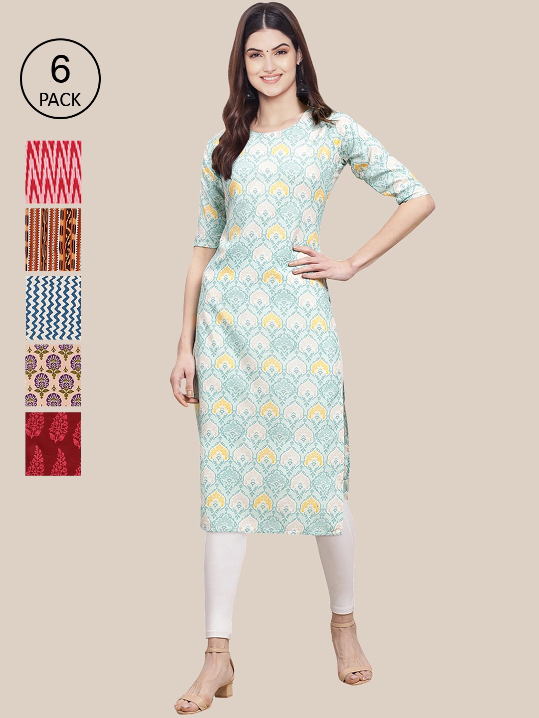 

Ethnic basket Women Pack of 6 Blue & Red Geometric Printed Crepe Kurta