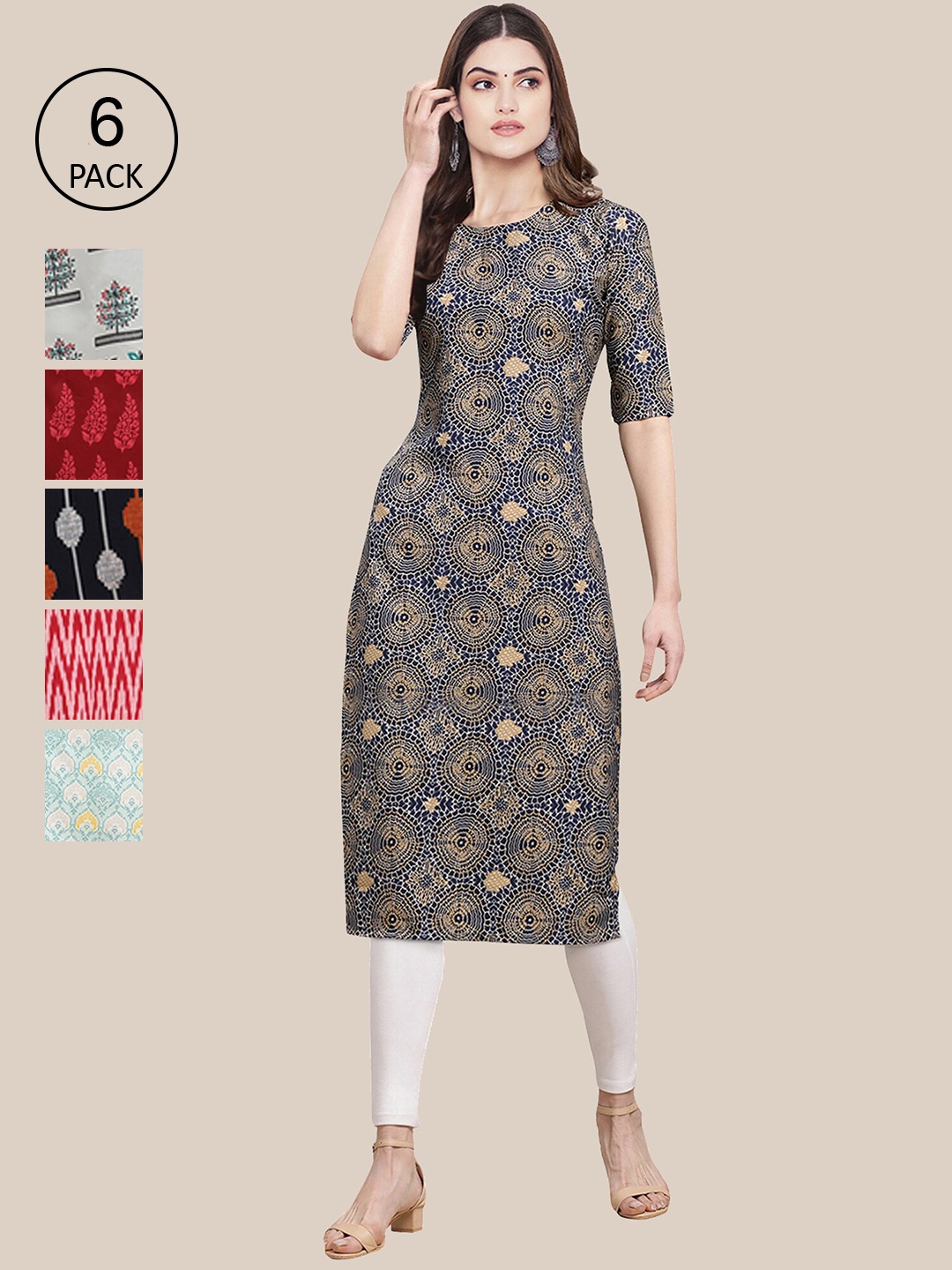 

Ethnic basket Women Multicoloured Pack of 6 Ethnic Motifs Printed Crepe Kurta, Multi