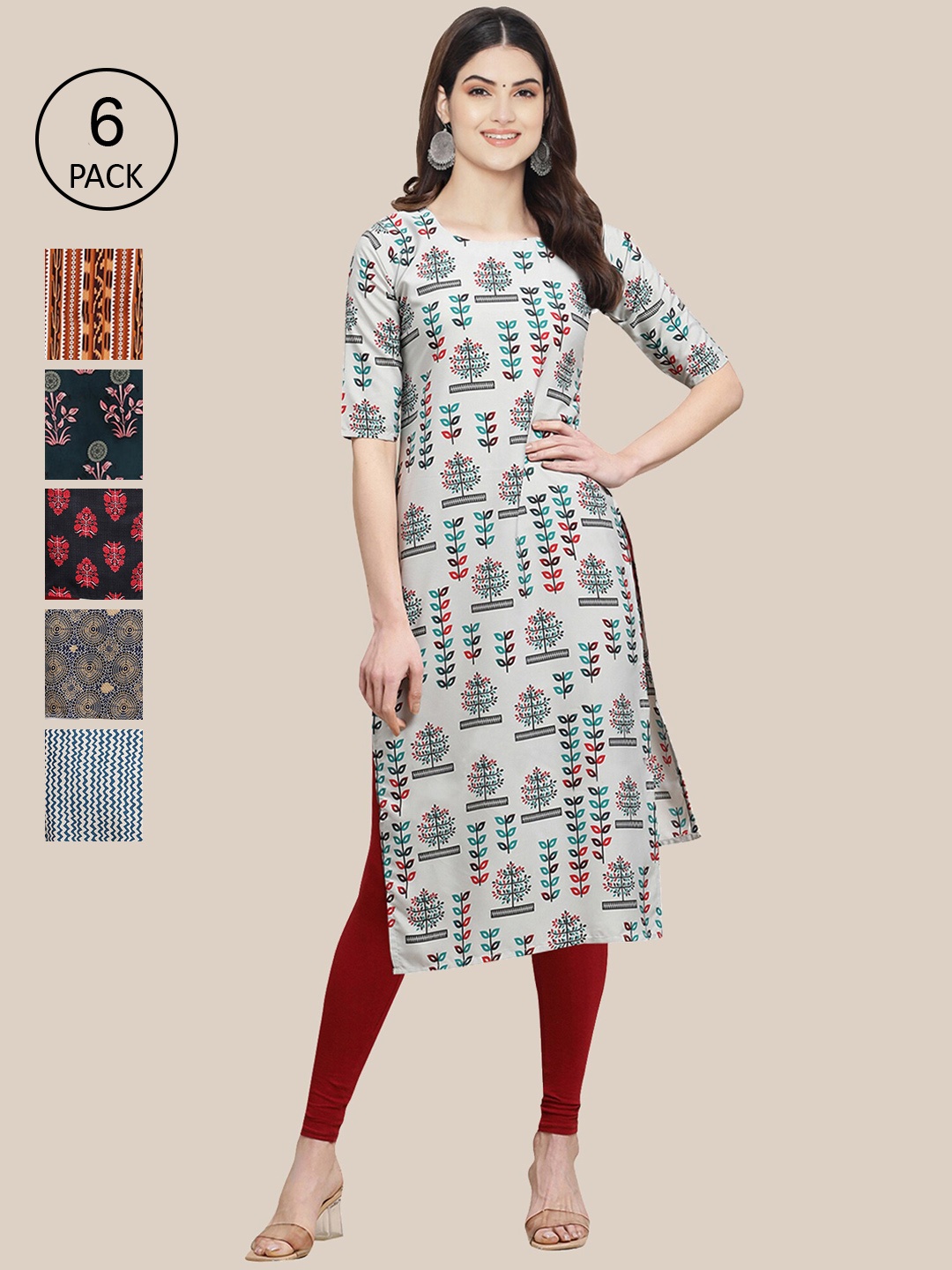 

Ethnic basket Women Pack Of 6 White & Beige Printed Crepe Kurta