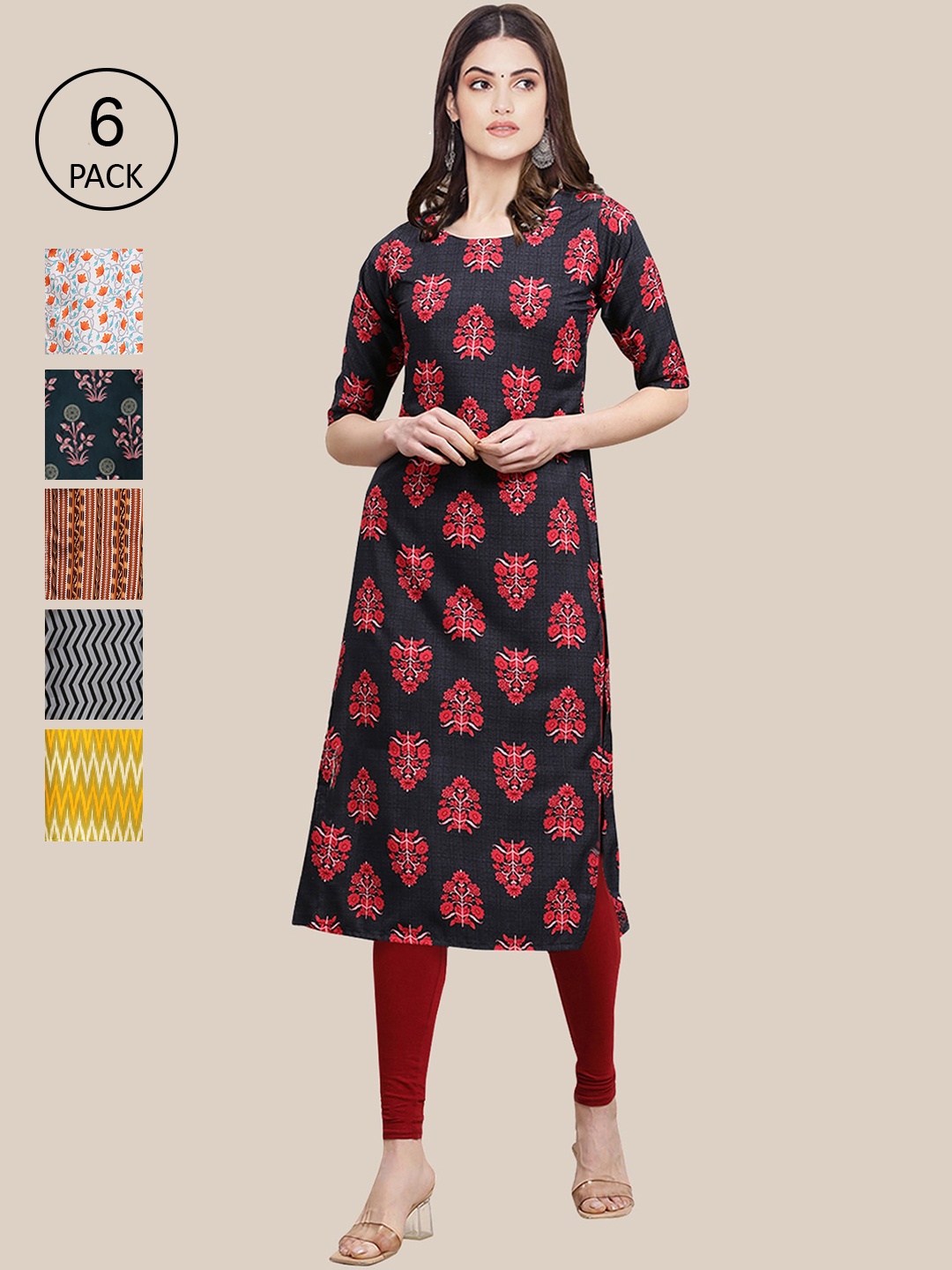 

Ethnic basket Women Pack Of 6 Summer Sheers Crepe Kurta, Black