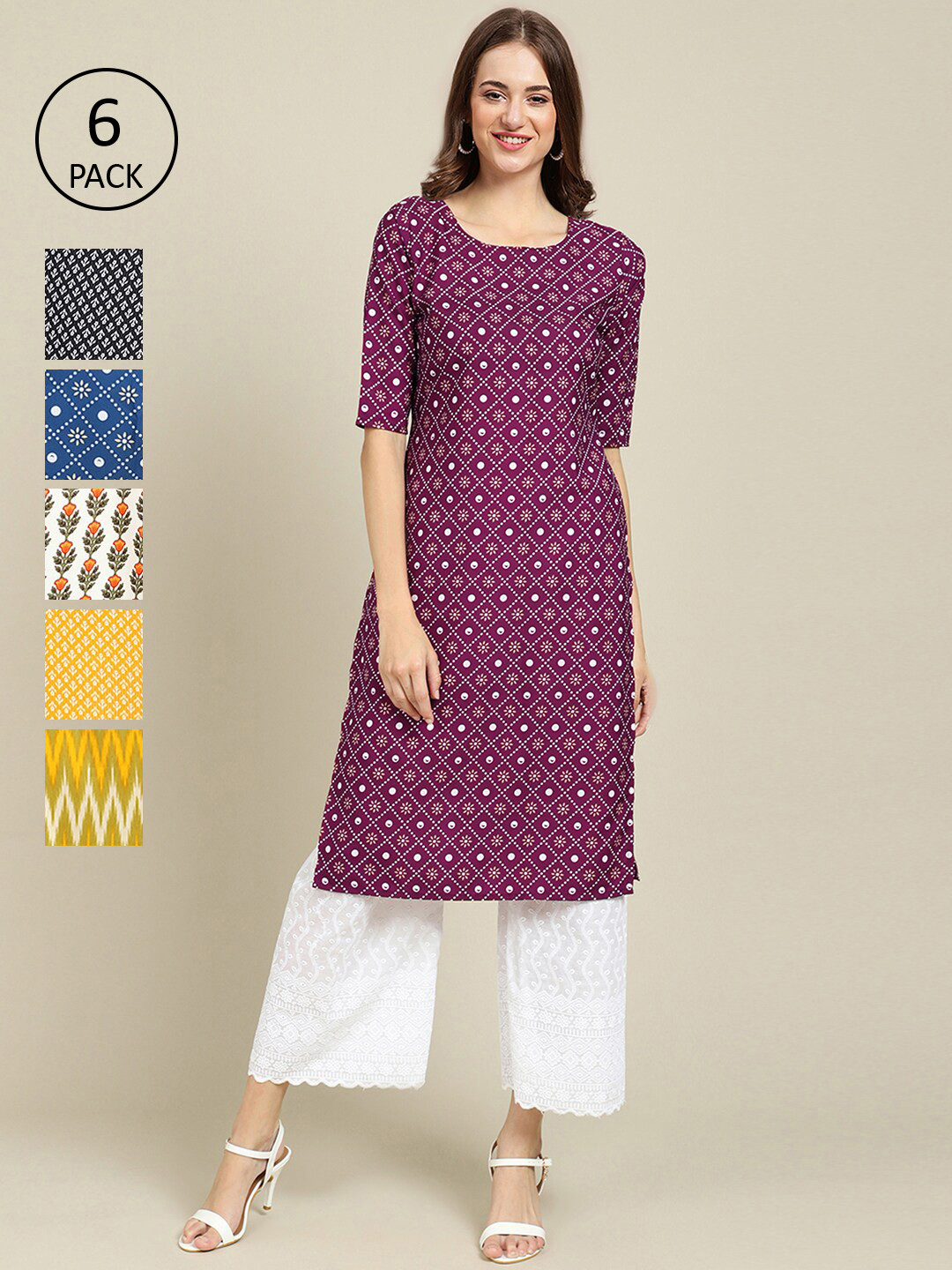 

Ethnic basket Women Pack Of 6 Geometric Printed Block Print Crepe Kurta, Maroon