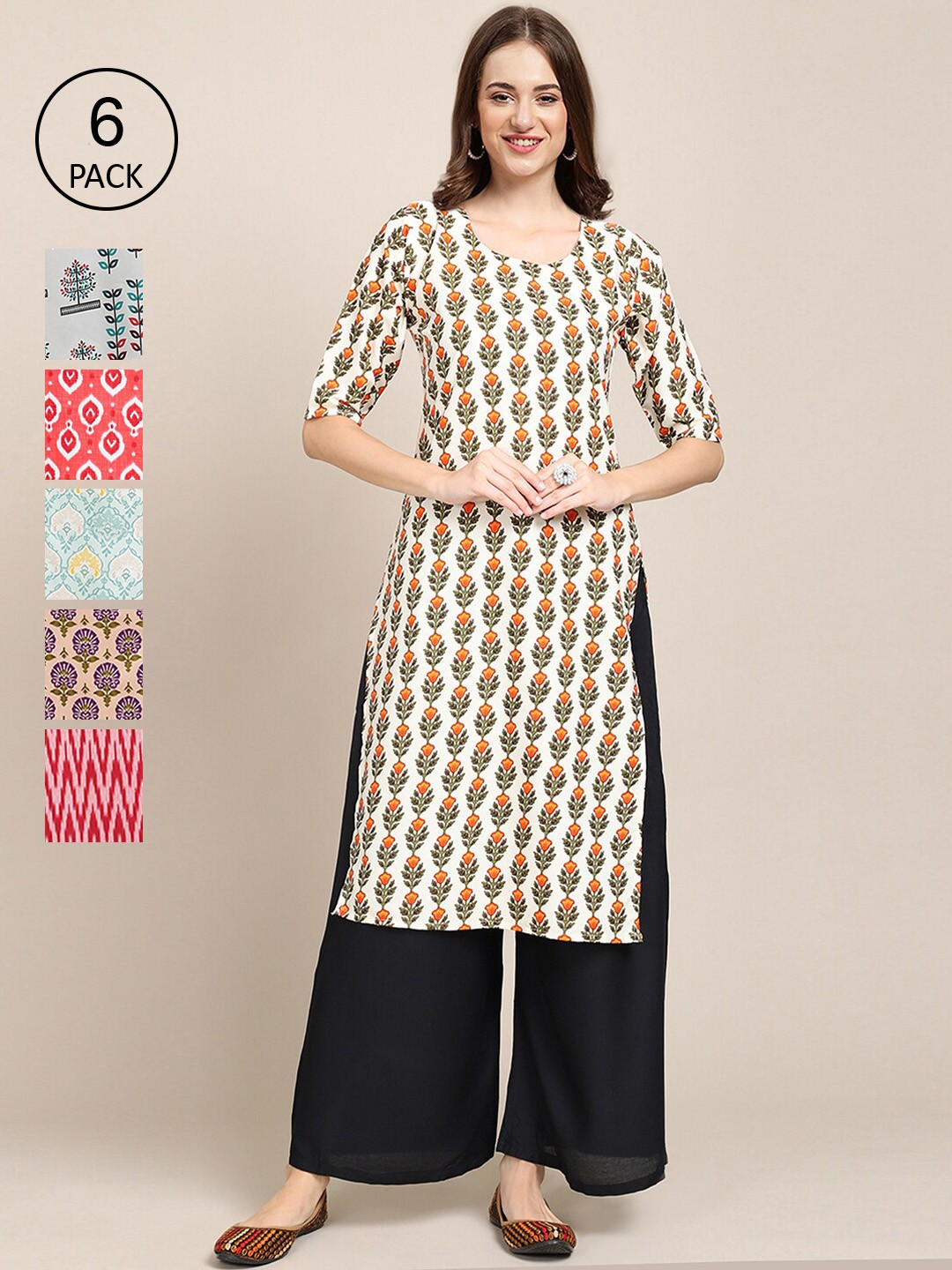 

Ethnic basket Women Pack Of 6 Geometric Printed Crepe Kurta, White