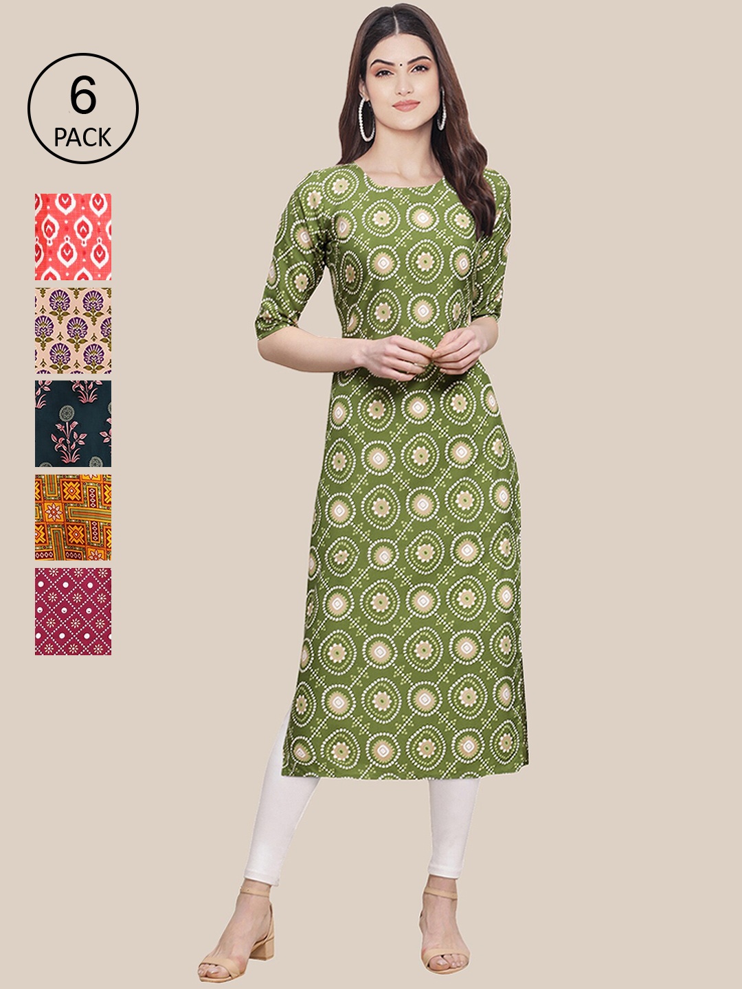 

Ethnic basket Women Set Of 6 Green & Pink Floral Printed Crepe Kurta