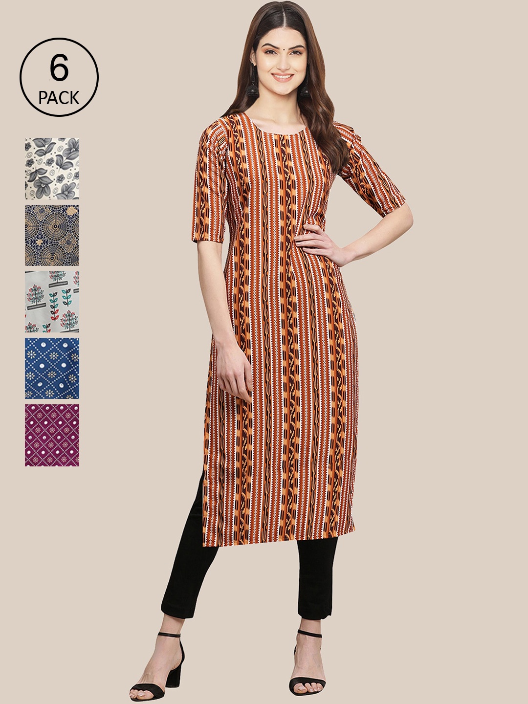 

Ethnic basket Women Pack of 6 Ethnic Motifs Printed Crepe Kurta, Multi