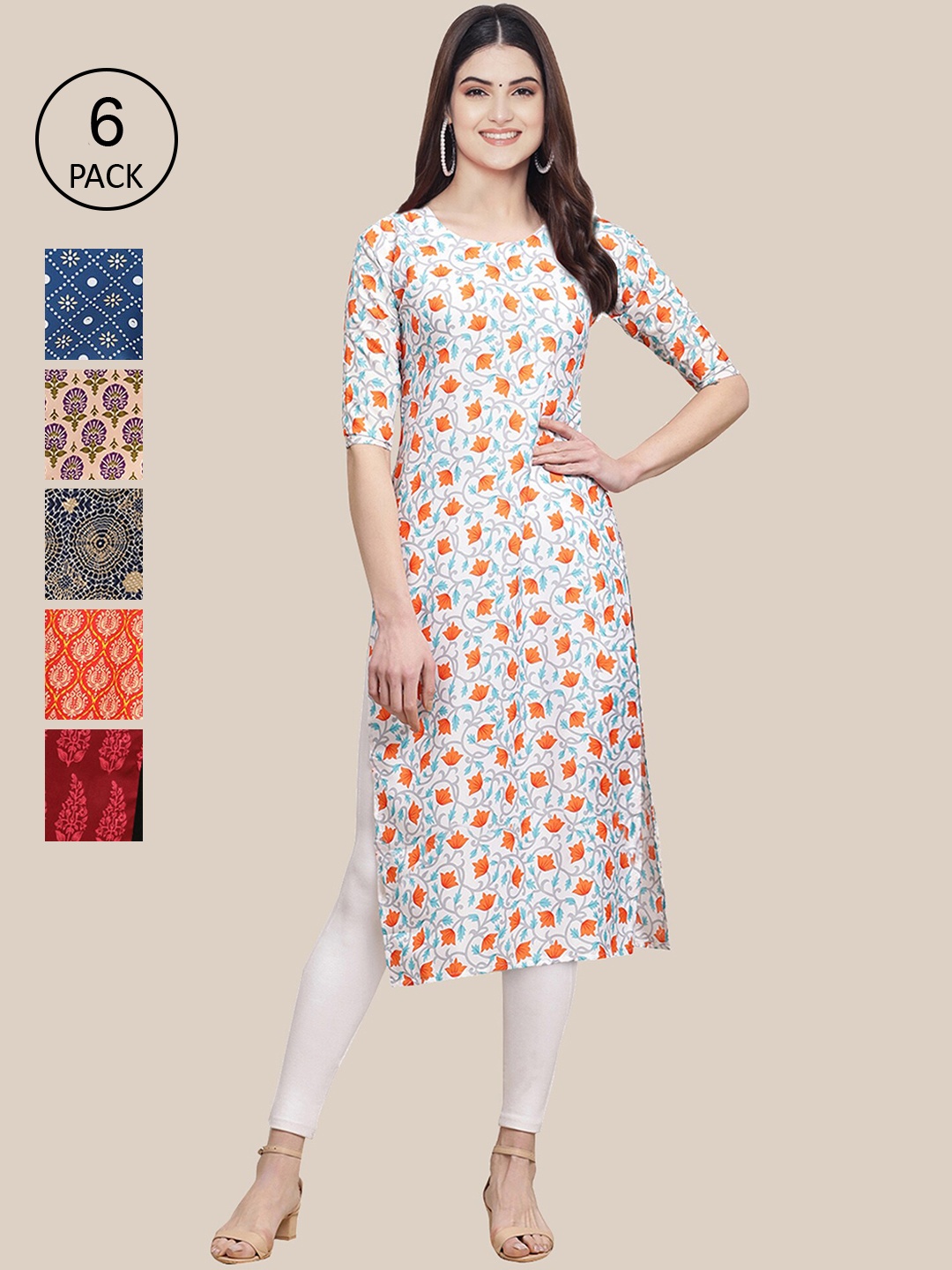 

Ethnic basket Pack of 6 Women Maroon & Orange Ethnic Motifs Printed Crepe Kurta