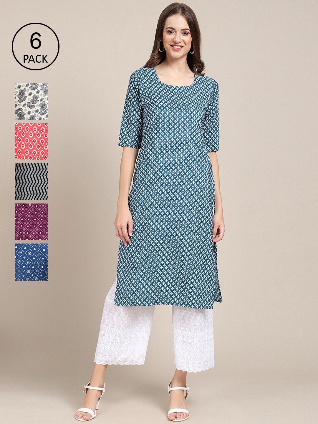 

Ethnic basket Women Multicoloured Pack of 6 Ethnic Motifs Printed Crepe Kurta, Multi