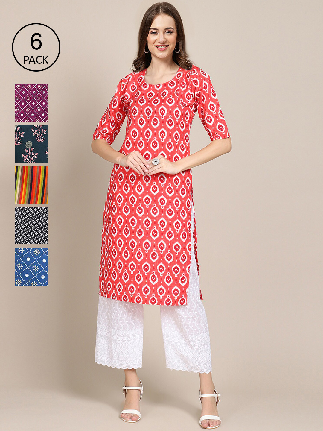

Ethnic basket Women Pack Of 6 Red & Maroon Floral Printed Crepe Kurta