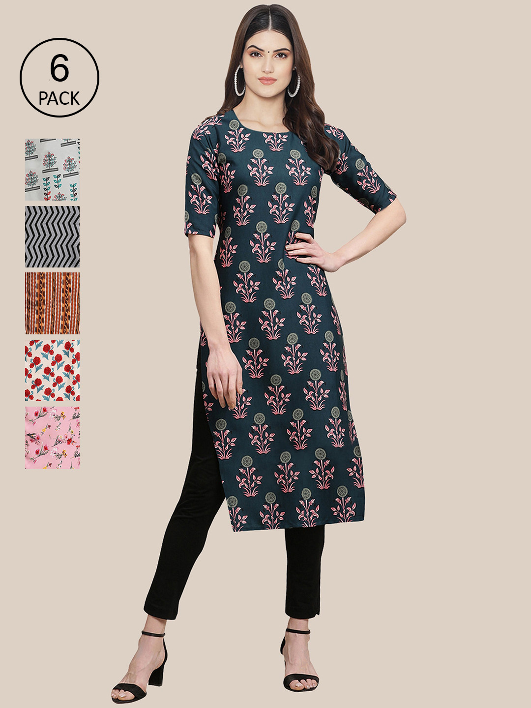 

Ethnic basket Women Pack Of 6 Summer Sheers Crepe Kurta, Olive