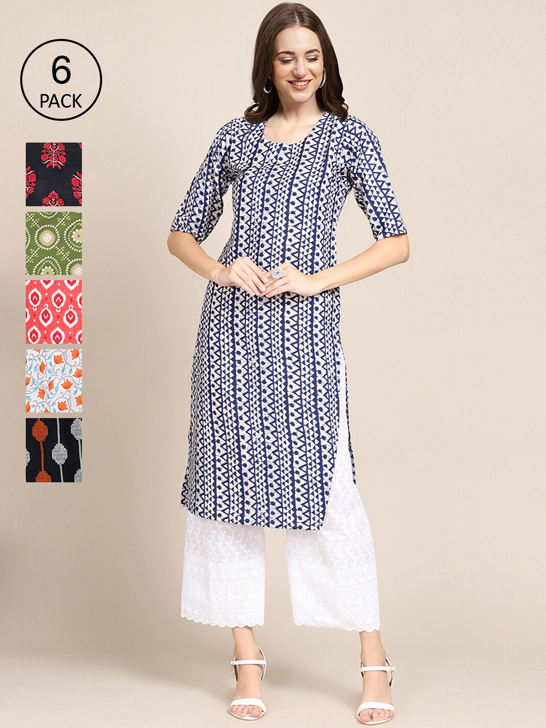 

Ethnic basket Women Pack Of 6 Geometric Printed Block Print Crepe Kurta, Black