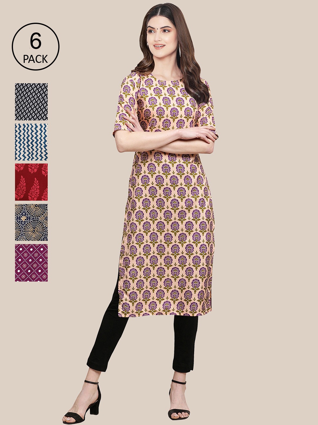

Ethnic basket Women Pack of 6 Digital Printed Crepe Straight Kurtas, Red