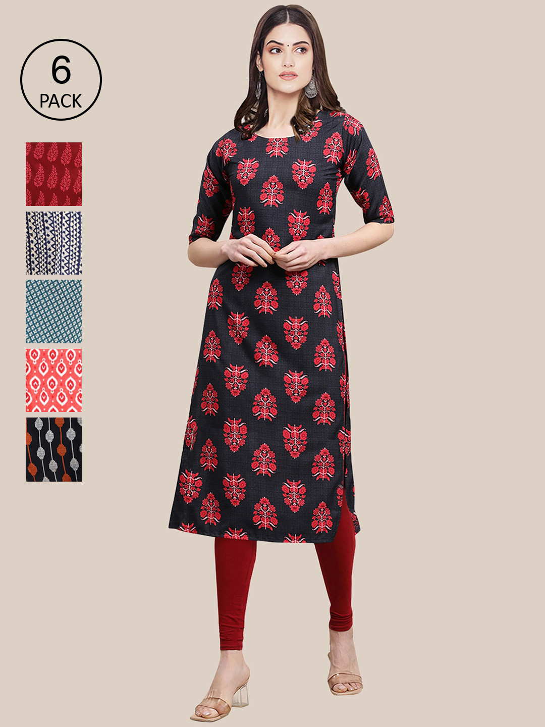 

Ethnic basket Women Multicoloured Pack of 6 Printed Mirror Work Summer Sheers Crepe Kurta, Multi