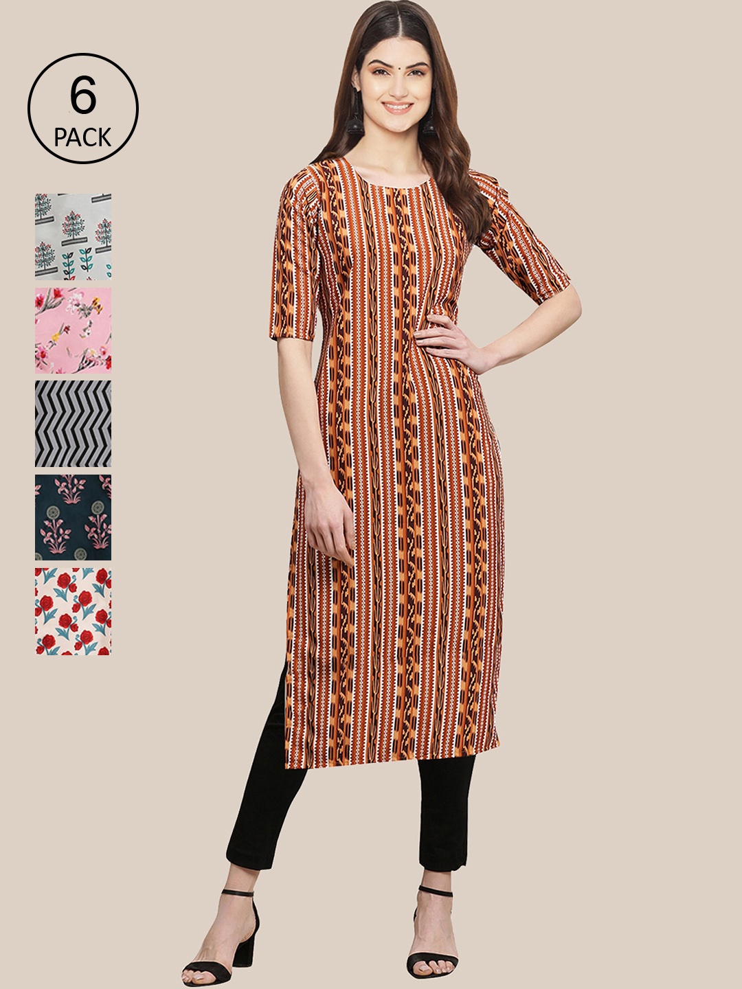 

Ethnic basket Women Set Of 6 Pink & Navy Blue Floral Printed Crepe Kurta