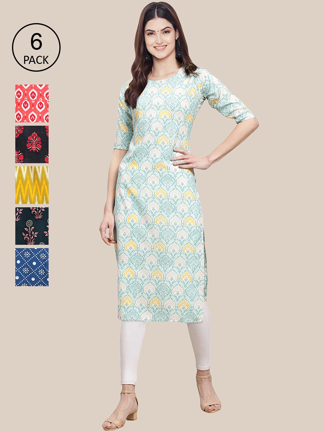 

Ethnic basket Women Pack of 6 Printed Crepe Kurtas, Multi