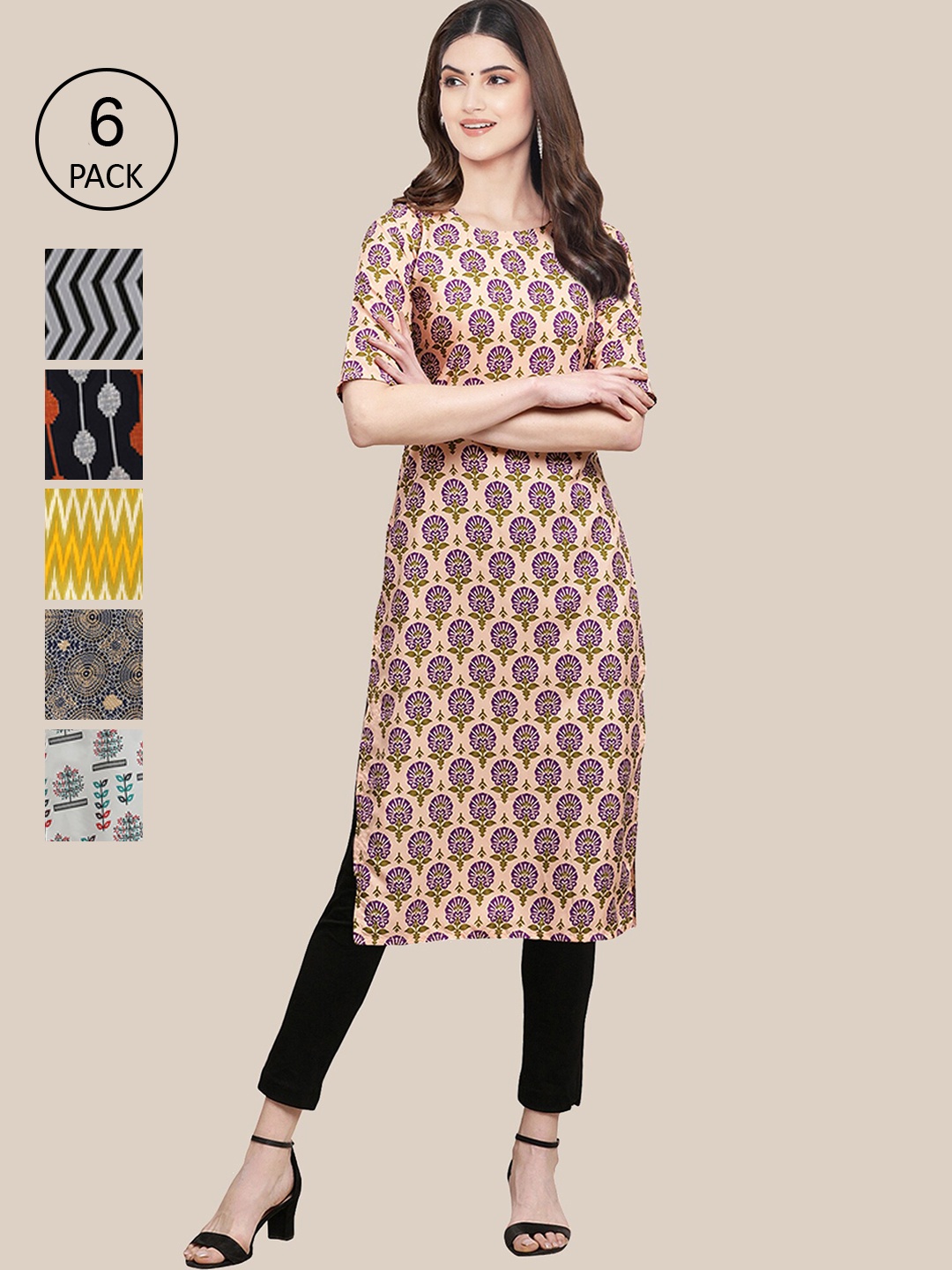 

Ethnic basket Women Pack Of 6 Geometric Printed Summer Sheers Crepe Kurta, Multi