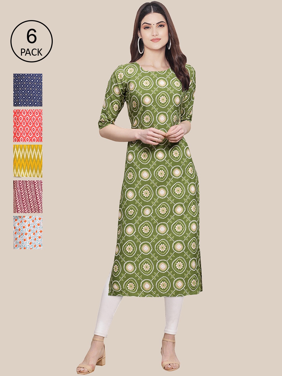 

Ethnic basket Women Pack of 6 Digital Printed Crepe Straight Kurta, Green