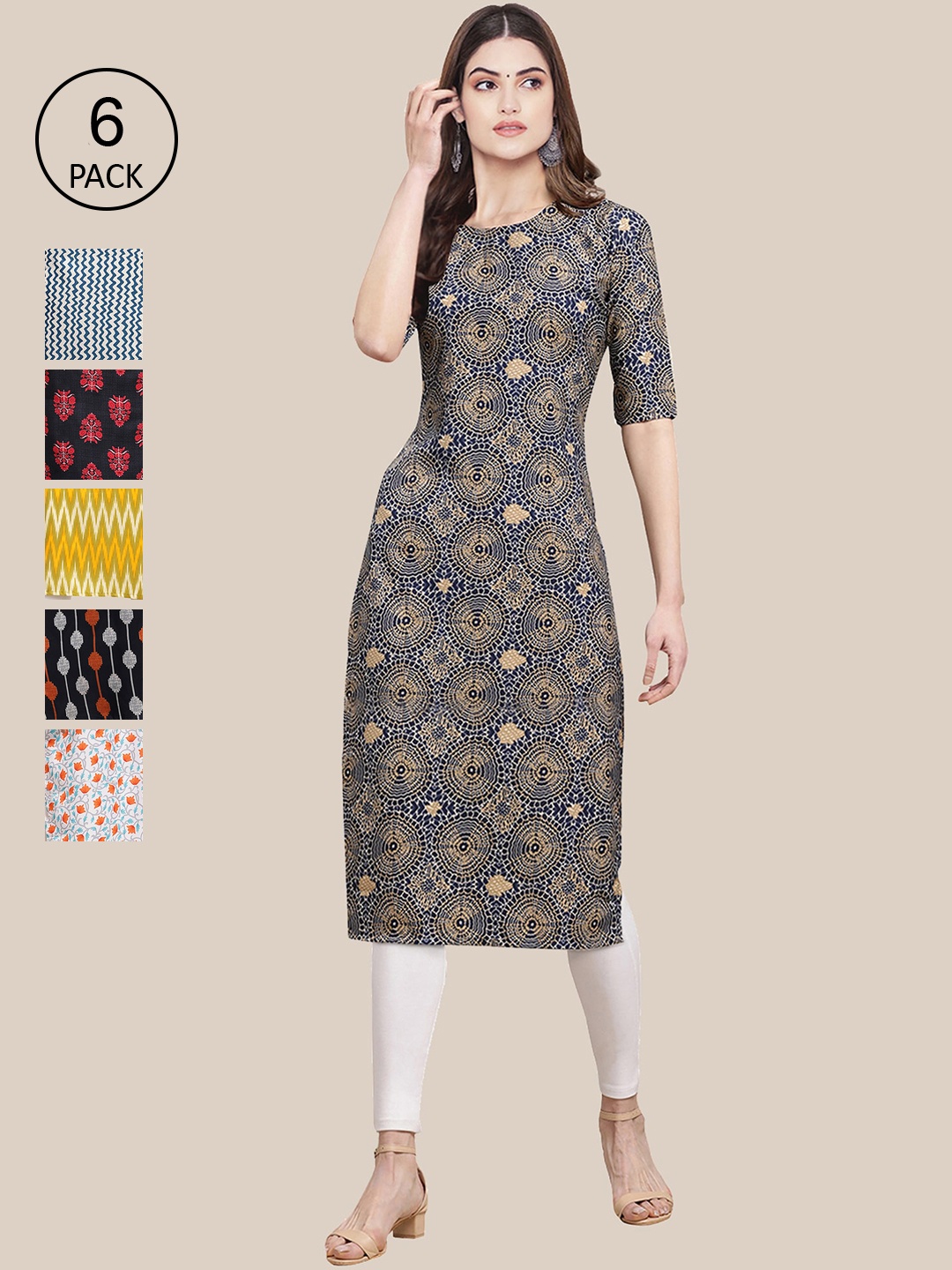 

Ethnic basket Women Pack of 6 Grey & Black Floral Printed Crepe Kurta