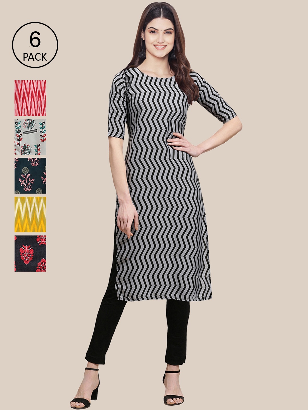

Ethnic basket Women Pack Of 6 Geometric Printed Block Print Crepe Kurta, Black