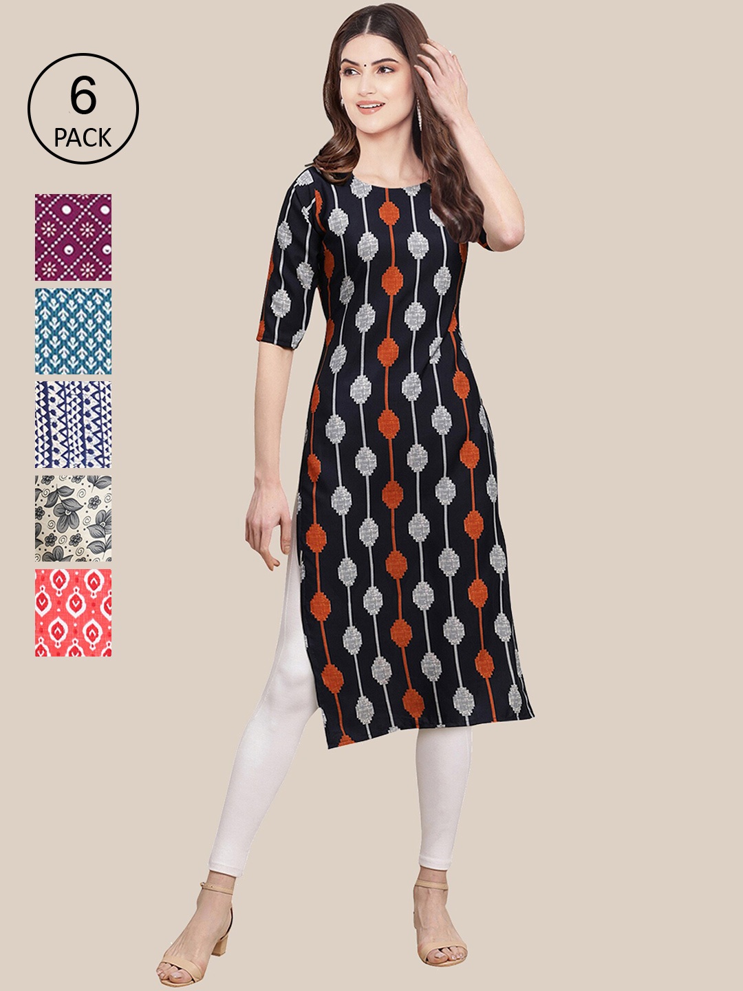 

Ethnic basket Women Pack of 6 Digital Printed Crepe Straight Kurtas, Black