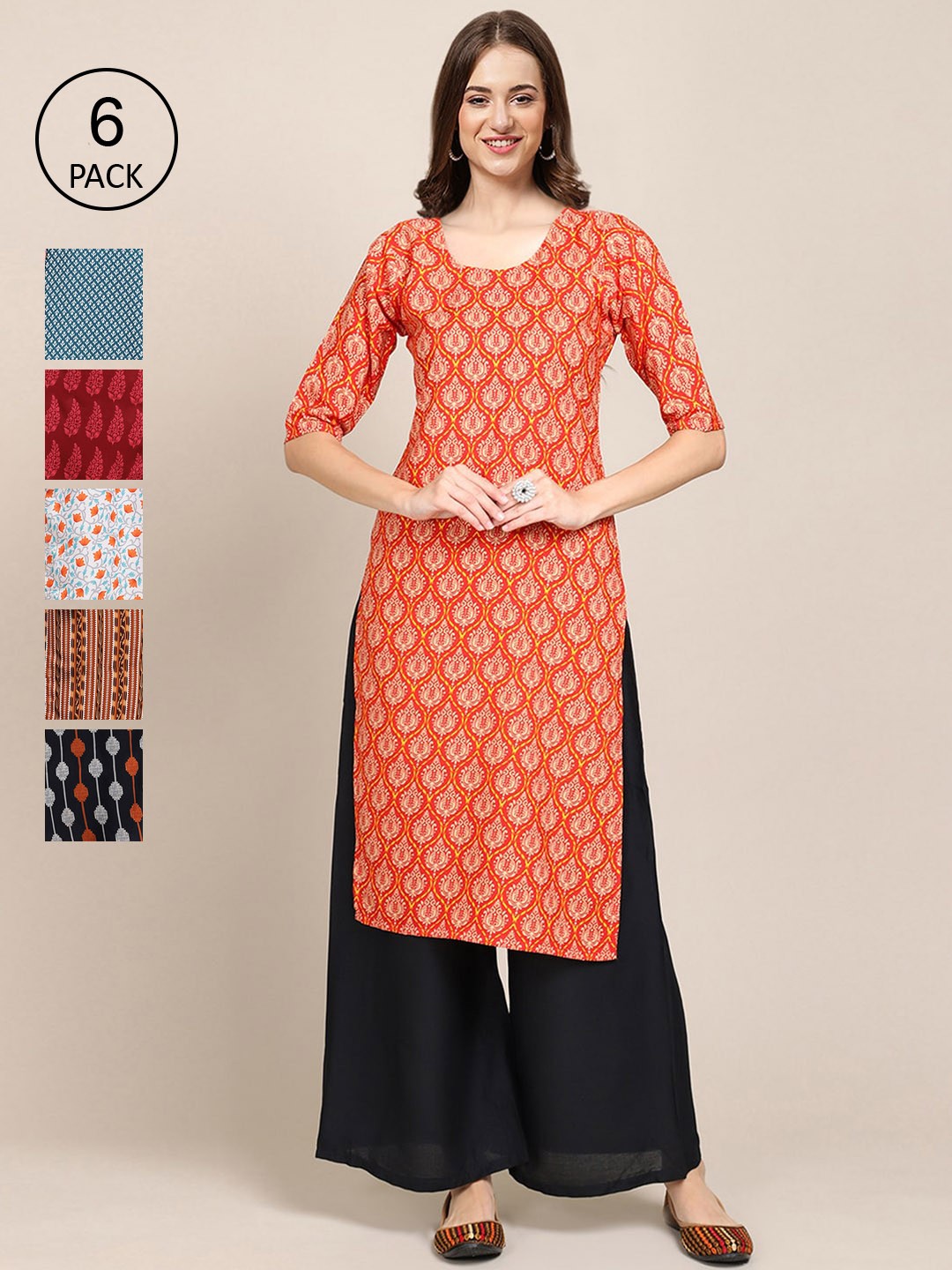 

Ethnic basket Women Pack Of 6 Summer Sheers Crepe Kurta, Orange