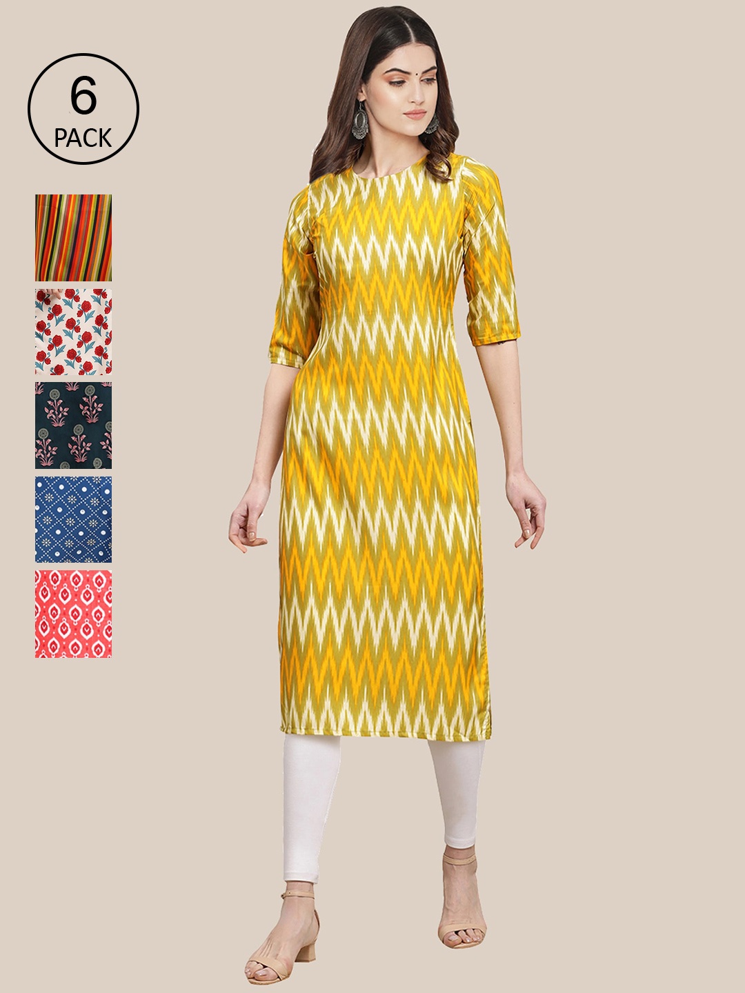 

Ethnic basket Women Pack of 6 Printed Summer Sheers Crepe Kurta, Yellow