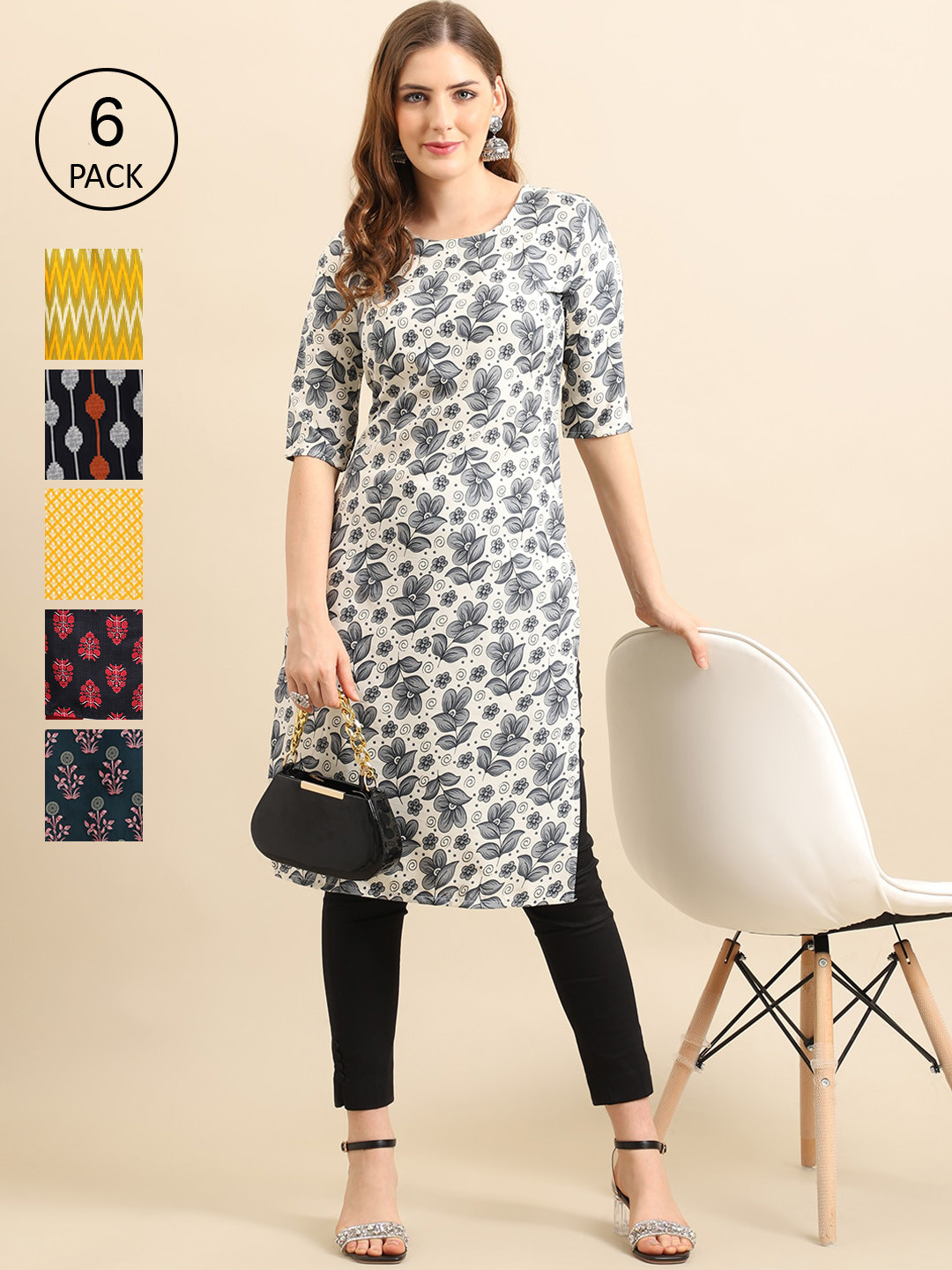 

Ethnic basket Women Multicoloured Floral Printed Keyhole Neck Mirror Work Summer Sheers Crepe Kurta, Multi